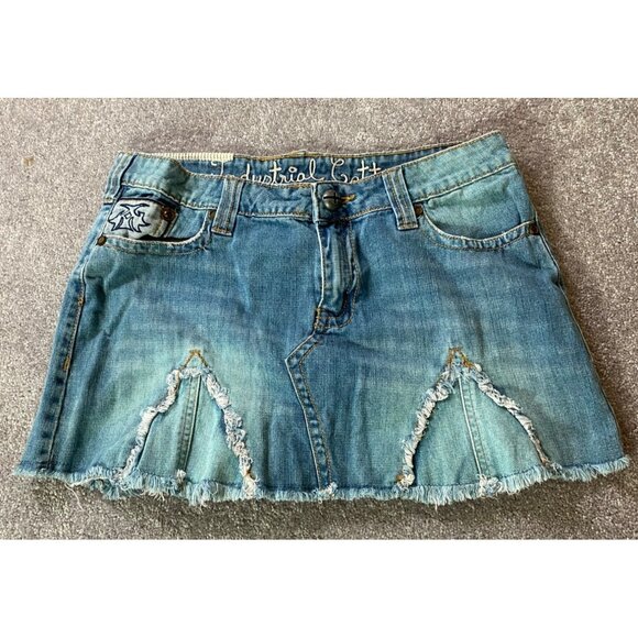 Industrial Cotton Distressed Denim Mini Skirt Embroidered Detail Frayed Hem Sz 5 - Picture 1 of 10